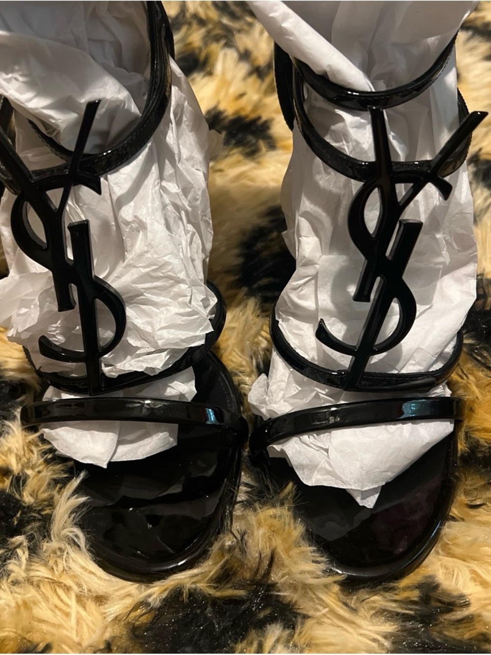Saint Laurent Black Patent Leather Cassandra Sandal Heels 37.5 - Picture 3 of 16